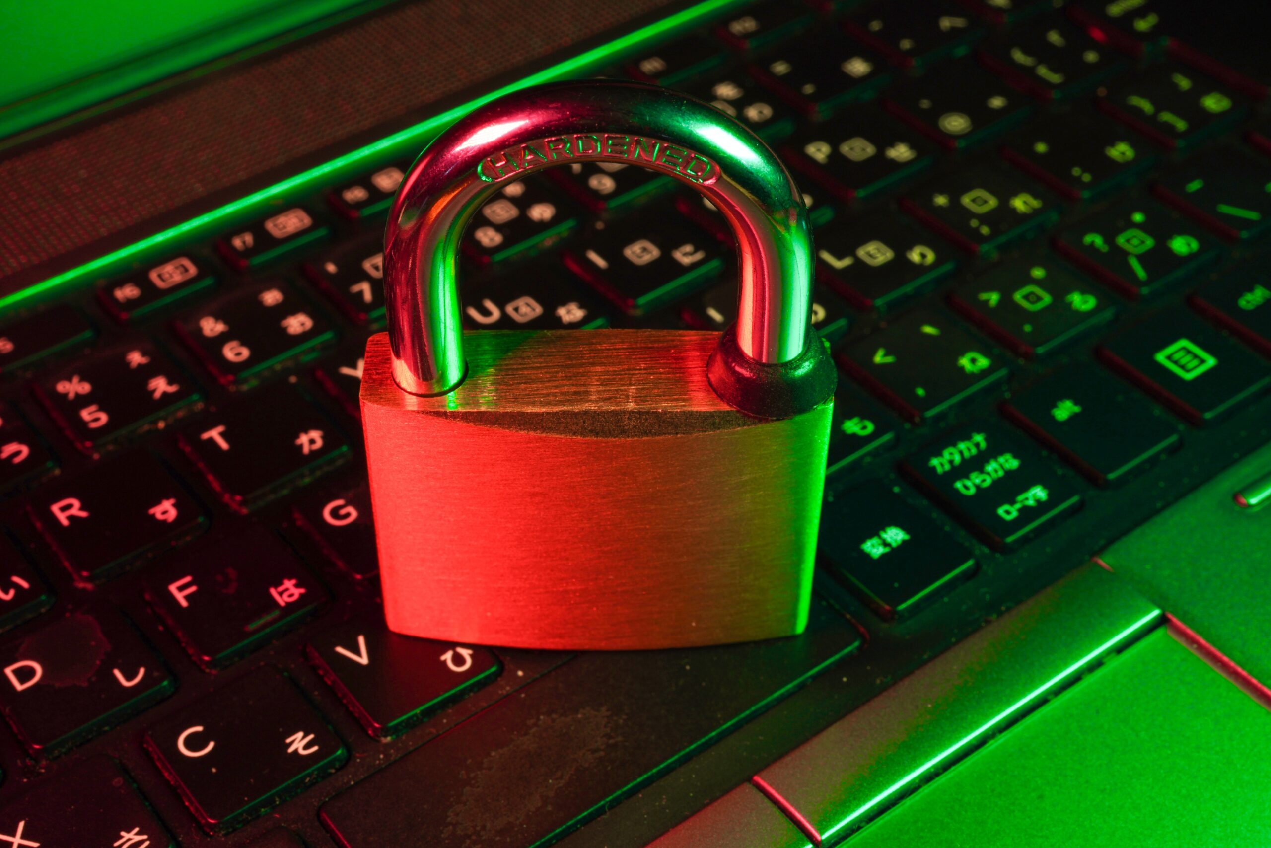 pad lock on a keyboard with red and green lighting