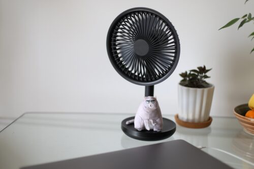 fan on a desk next to a plant to stop overheating