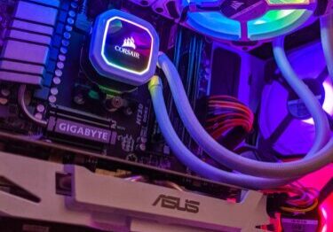 inside of a pc, including all the components with pretty rainbow lights