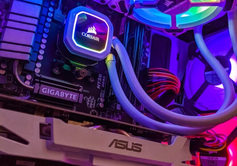 inside of a pc, including all the components with pretty rainbow lights